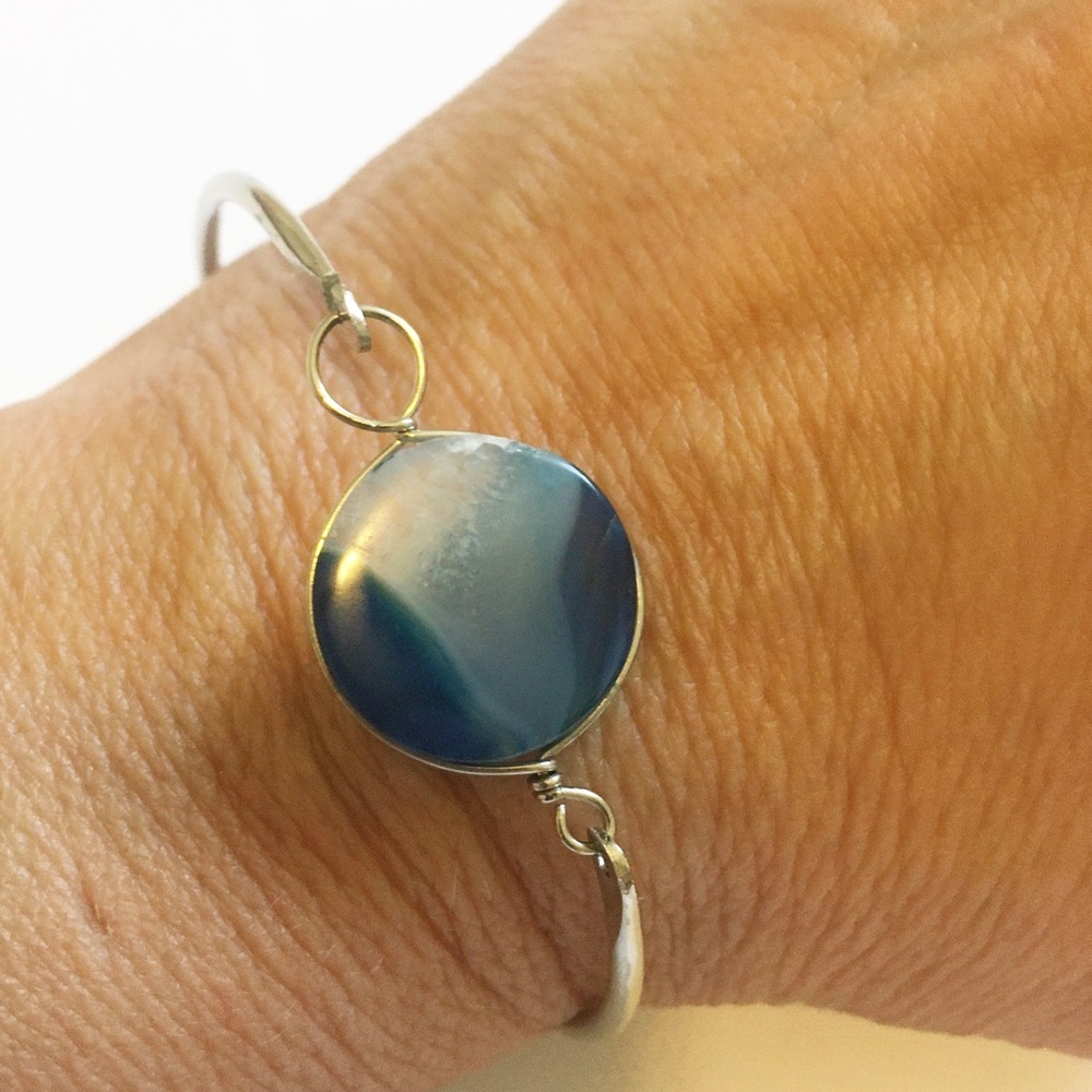 Blue Stone Silver-tone Layering Hinged Peruvian Fair Trade Bracelet